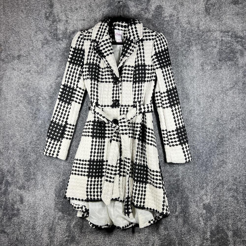 Candies Coat Womens M Black Plaid Trench Tweed Collared Belted Lined Pockets